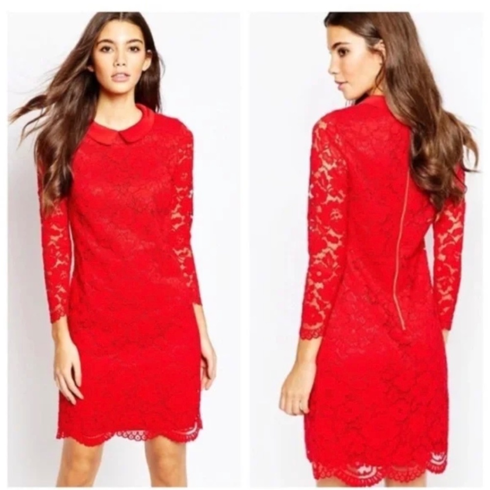 Ted Baker Ameera Scallop Hem Lace Peterpan Collar Red Dress S